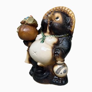 Vintage Tanuki Statue Japanese Lucky Charm with Money Pouch, 1980