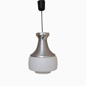 Lámpara de techo vintage de aluminio con pantalla de vidrio blanco opaco, años 70