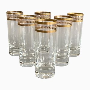 Italian Tall Tumbler-Shaped Crystal Glasses with Gold Rims and Scrollwork Motifs from Cellini, Italy, 1970s, Set of 6