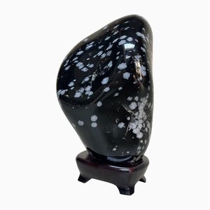 Japanese Obsidian Snowflake Suiseki with Wooden Display Stand, 1980s