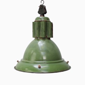 Lampada a sospensione vintage industriale smaltata verde, Francia