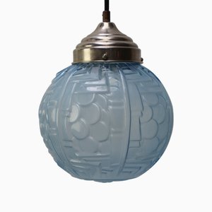Französische Art Deco Hängelampe aus Messing & blauem Glas, 1920er