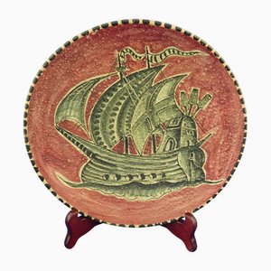 Assiette en Céramique avec Motif Voilier en Mer attribué à Guido Gambone pour Avallone Vietri, Italie, 1920s