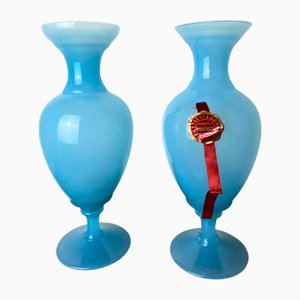 French Art Deco Light Turquoise Hand-Blown Opaline Glass Vases, 1920s, Set of 2