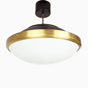 Italian White Opaline Glass with Brass and Black Metal Ceiling Lamp, 1950s