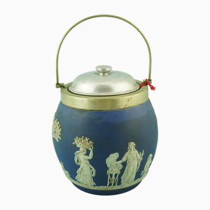 Neoclassical Vase or Biscuit Jar in Blue Jasperware with Classical Scenes from Wedgwood, Staffordshire, England, 1890s