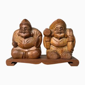 Hölzerne Ebisu & Daikoku Gottheitsstatuen auf Sockel, Japan, 1950