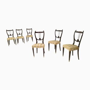 Vintage Italian Dining Chairs in Beech and Brass with Goldenrod Fabric, 1940s, Set of 6
