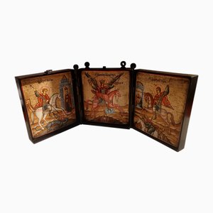 Orthodox Foldable Travel Icon of Saint George, Saint Michael and Saint Demetrius in Bronze and Leather Case, Early 19th Century
