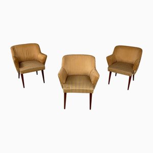 Mid-Century Modern Italian Wooden Striped Fabric Armchairs, 1950s, Set of 3