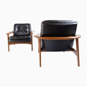 Fauteuils Mid-Century en Teck avec Tapisserie en Cuir, 1960s, Set de 2