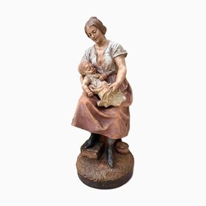 Joseph Le Guluche, Französische Mutterschaftsskulptur von Mutter und Baby, 19. Jh., Terrakotta