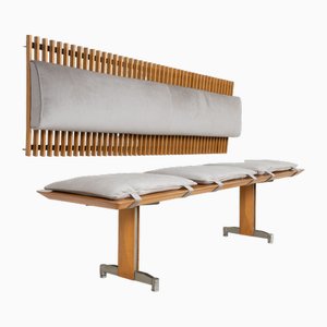 Wooden Bench with Velvet Cushions and Backrest, 1960