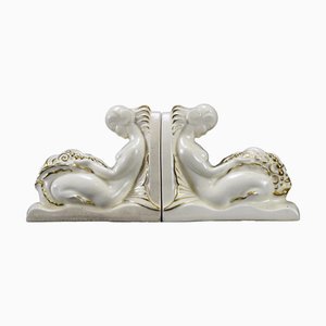 Art Deco White Ceramic Mermaid Bookends by Lejan Orchies, 1890s, Set of 2