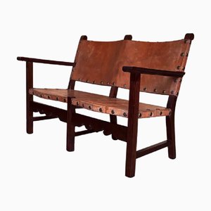 Spanish Baroque Brown Walnut and Leather Sofa Bench with Cordoba Ironwork, 18th Century