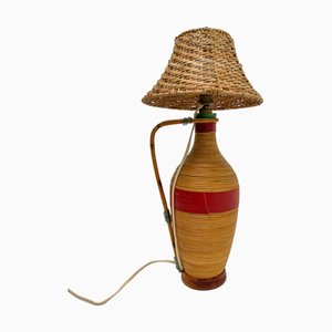 Vintage French Glass and Rattan Bottle Jar Table Lamp, 1960s