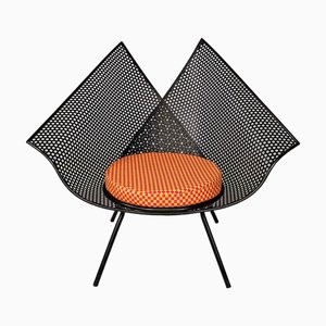 Italian Black Metal Chair with Red and Orange Checkered Cushion, 1980s