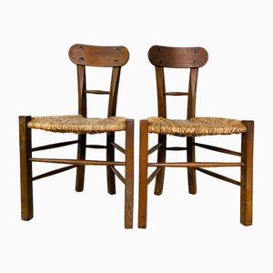 Brutalistische Vintage Stühle aus Holz & Stroh, 1950er-1970er, 2er Set