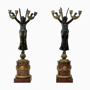 Empire French Bronze and Marble Candleholders, Set of 2