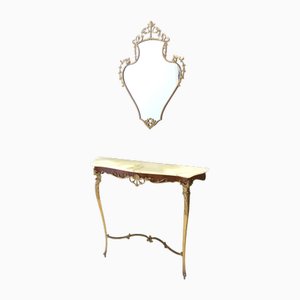 Miroir Mural et Table Console avec Plateau en Onyx et Structure en Laiton, 1960s, Set de 2