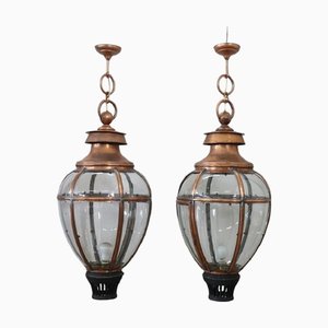 Grandes Lanternes Vintage en Cuivre et Verre, 1940s, Set de 2