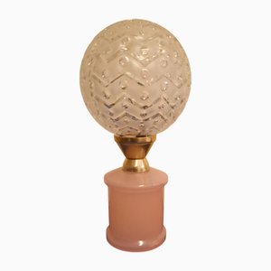 Lampe de Bureau Vintage avec Socle en Verre Rose et Abat-jour Sphérique en Verre Taillé, 1980s