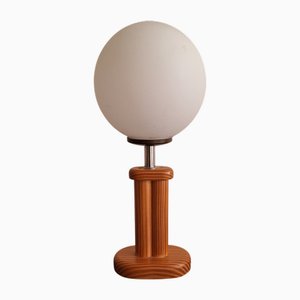 Vintage Table Lamp with Pinewood Base and Opaque White Glass Shade by Linus Bopp, 1970s