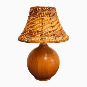 Lampe de Bureau Vintage avec Socle en Bois d'If et Abat-jour en Osier, 1980s
