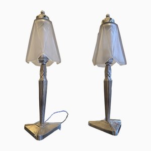 Art Deco Lampen aus vernickelter Bronze von Verrerie Dart Degué, 1930er, 2er Set