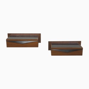 Tables de Chevet Murales Vintage en Bois et Plateau en Verre Coloré, 1960s, Set de 2
