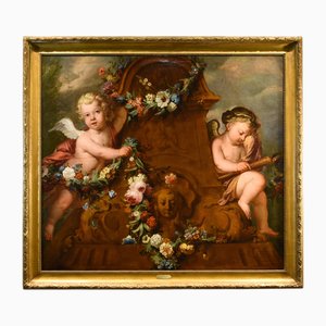 Jacob de Wit, Flowers with Cupids, 1720, Oil on Canvas, Framed