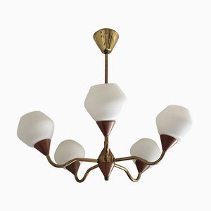Mid-Century Scandinavian Chandelier in Teak, Brass & Glass, Sweden, 1950s