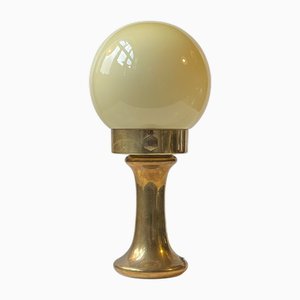 Scandinavian Modern Brass Table Lamp with Yellow Opaline Glass Globe, 1970s