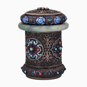 Antique Chinese Cloisonne Silver Tea Caddy with Jade Ring, 1890s