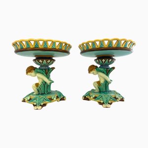 19th Century Majolica Compotes with Cherubs, Set of 2