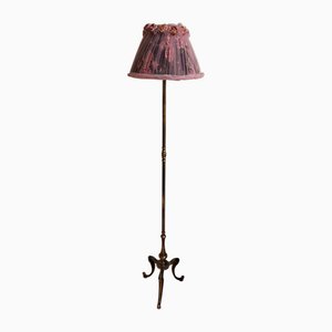 Lámpara de pie vintage con base de latón y pantalla de tela hecha a mano de Lamplove, años 50