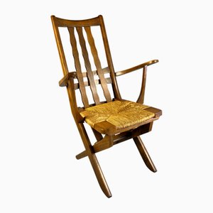 Vintage French Folding Armchair with Woven Seat