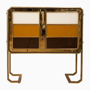 Mobile Bar in Brass and Colored Glass with Two Doors