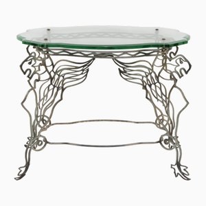 Art Deco Metal Table with Beveled Glass Top, 1930s