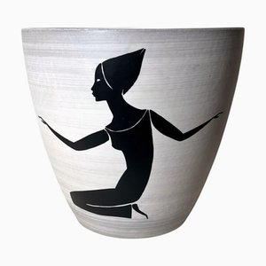 Cachepot francés moderno de gres pintado a mano de Sèvres, 1950