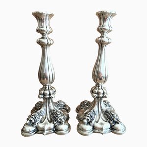 Antique Silver Flambeaux Candlesticks with Unicorn Hallmarks, Early 19th Century, Set of 2