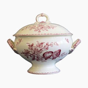 Sopera Favori francesa antigua de loza de Sarreguemines, década de 1890