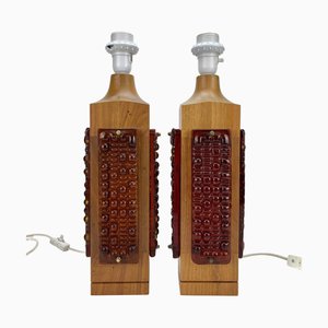Teak and Cast Glass Table Lamps from Glas & Trä Hovmantorp, Sweden, 1960s, Set of 2