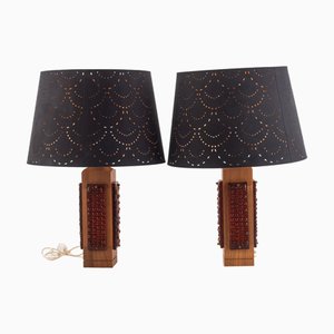 Teak and Cast Glass Table Lamps from Glas & Trä Hovmantorp, Sweden, 1960s, Set of 2