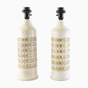 Ivory Glazed and Gold Ceramic Table Lamps by Bitossi for Bergboms, Sweden, 1960s, Set of 2