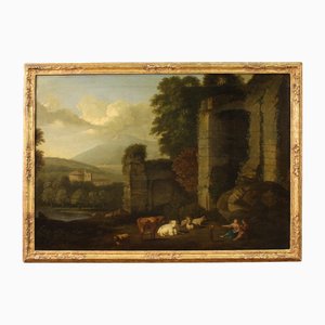 Artista italiano, Paesaggio bucolico con rovine, 1680, Olio su tela, con cornice