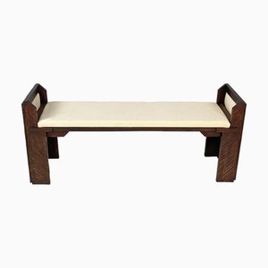 Italian Modern Wooden and Ivory Fabric Bench, 1980s
