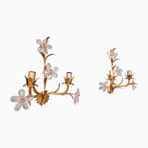 Italienische Wandleuchten aus Vergoldetem Metall mit Kristallblumen, 1970er, 2er Set