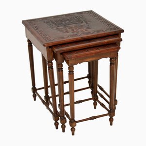 Tables Gigognes avec Plateau en Cuir Embossé, 1910s, Set de 3