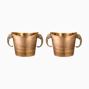 Patinated Brass Ice Buckets with Elephant Head Handles, Set of 2
